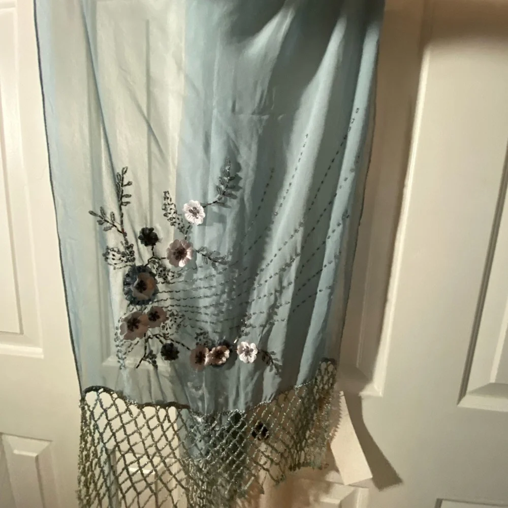 Sue Wong Pale Blue Embroidered Floral Scarf with Beaded Fringe - Picture 2 of 4